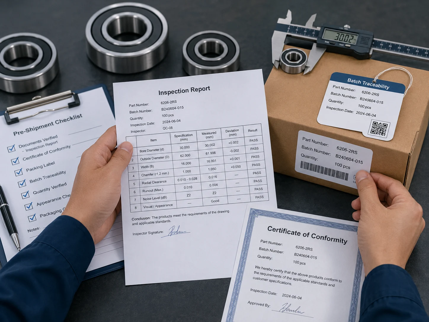 Rapport d'inspection des roulements et vérification du certificat avec étiquette de traçabilité du lot avant expédition industrielle