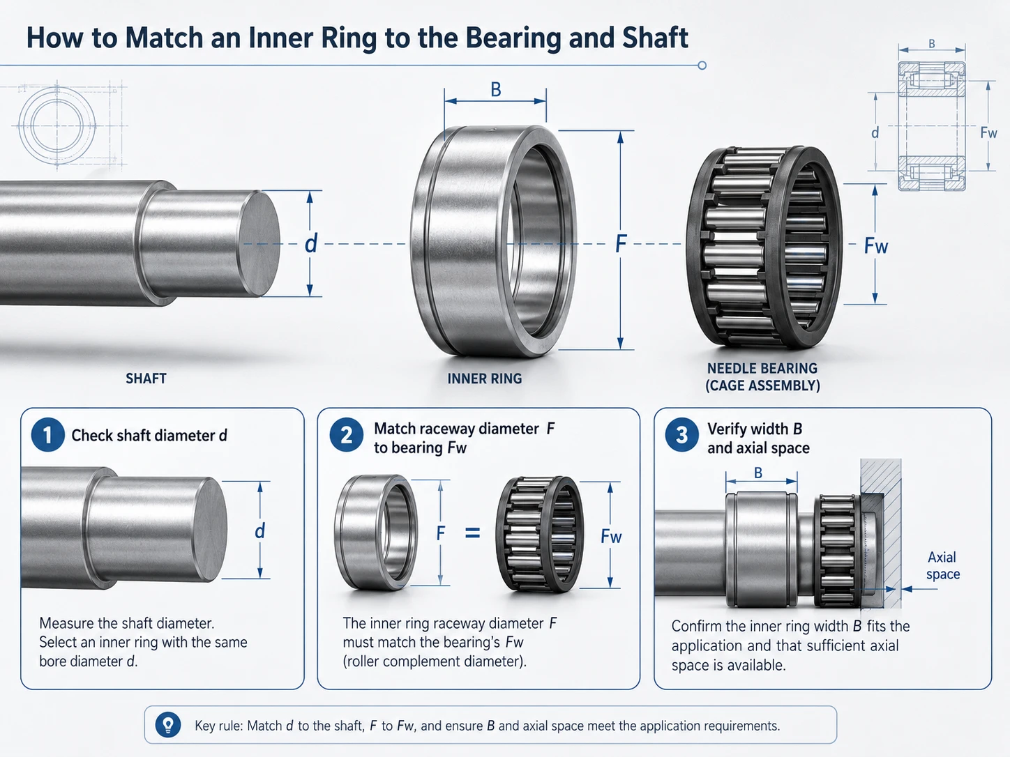 Comment adapter la bague intérieure d'un roulement à aiguilles à un roulement et à un arbre en utilisant les dimensions d, F, Fw et B