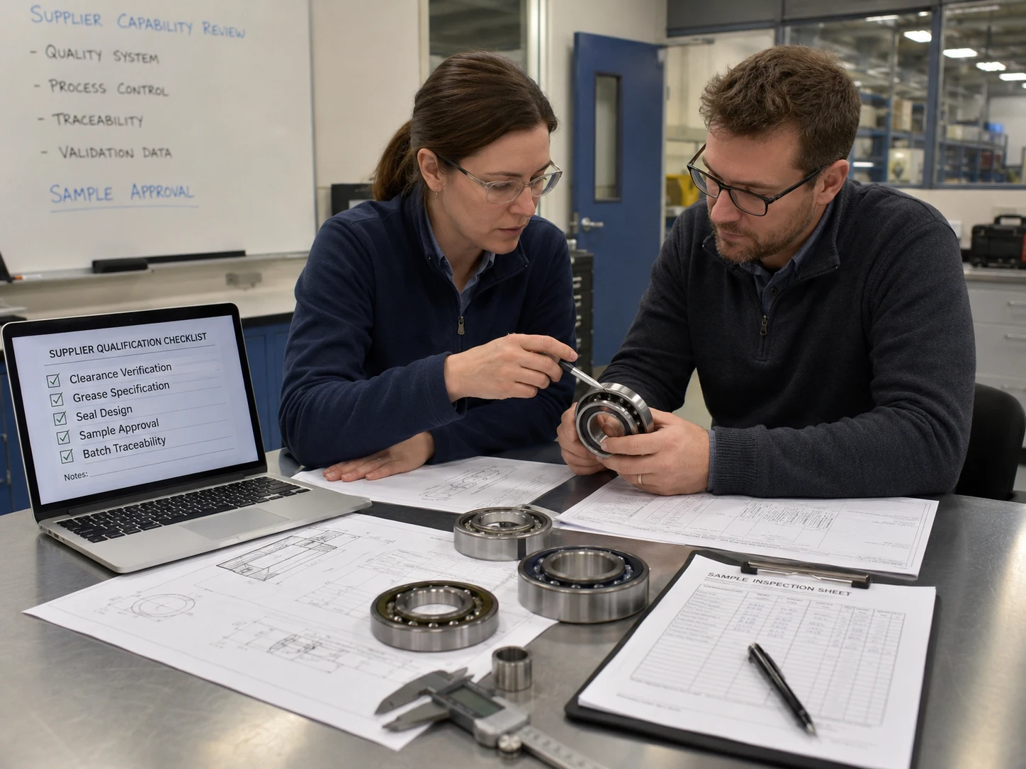 Engineers reviewing special bearing supplier capability for clearance, grease, seals, sample approval, and batch traceability