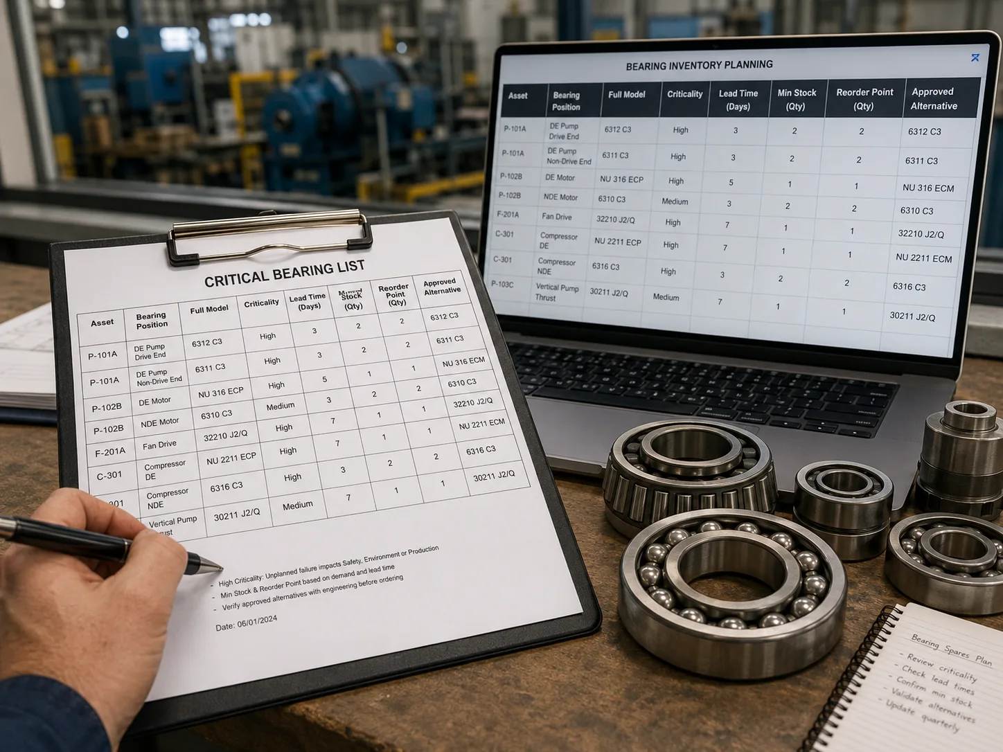 Industrial critical bearing spare parts list showing asset position, full bearing model, lead time, minimum stock, reorder point, and approved alternatives