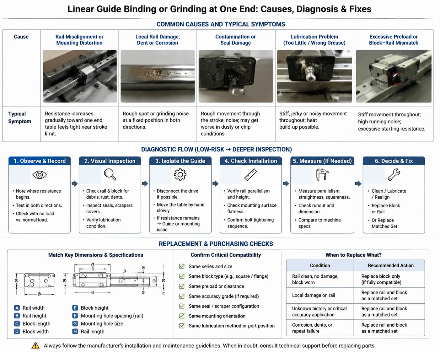 Infographic showing causes, diagnostic steps, and replacement checks for a linear guide binding or grinding at one end of travel