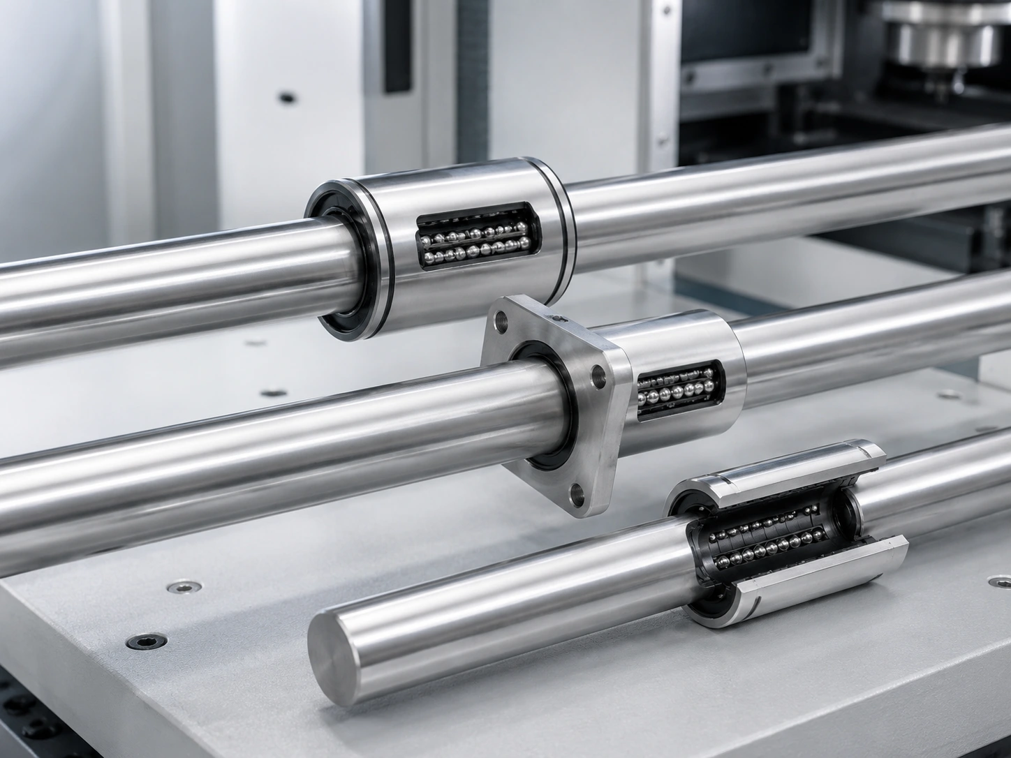 Linear ball bearings and guide shafts for CNC machine linear motion systems