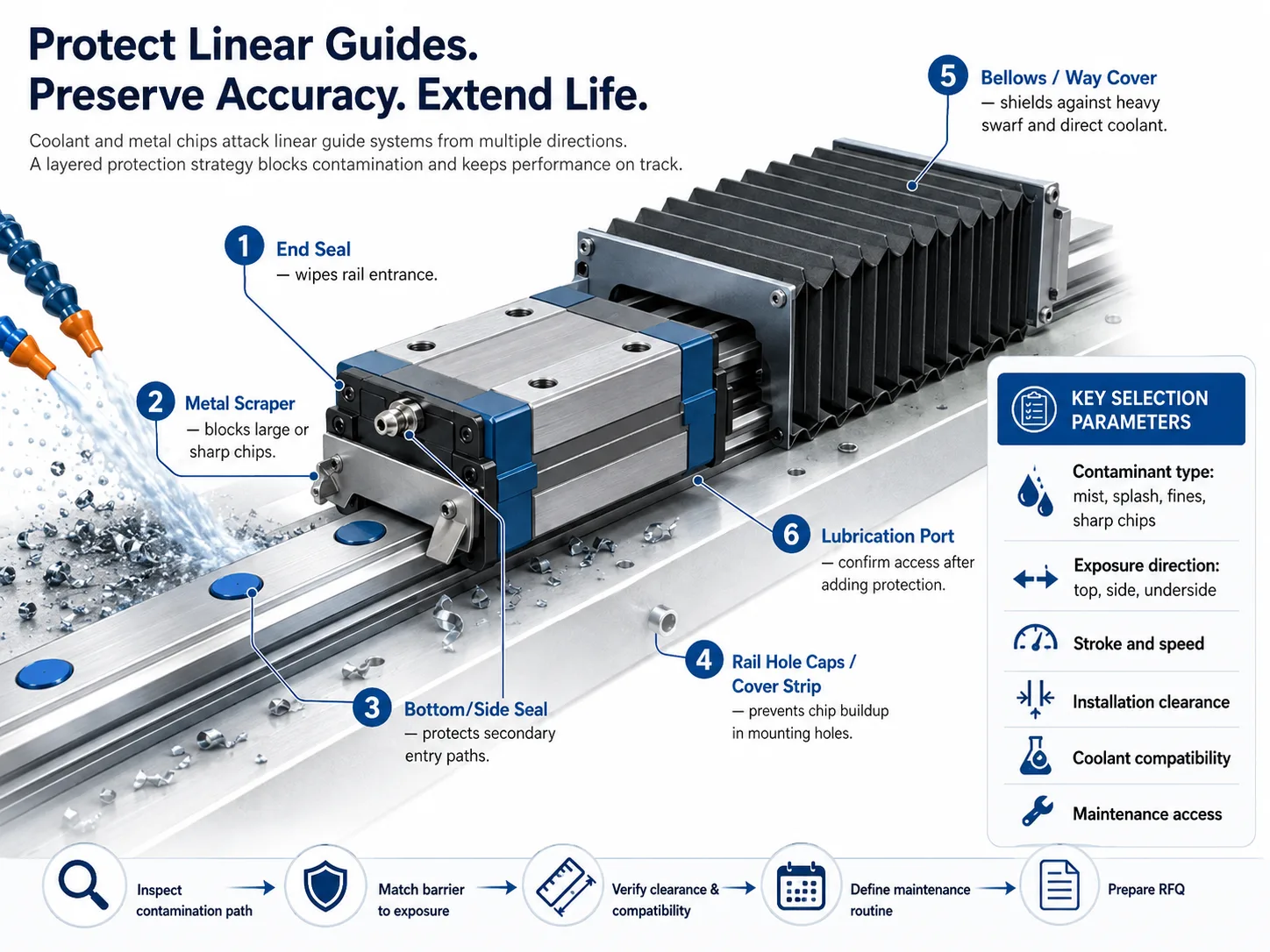 Linear guide protection system with end seals, metal scraper, rail hole caps and bellows for coolant and metal chip contamination in CNC machines