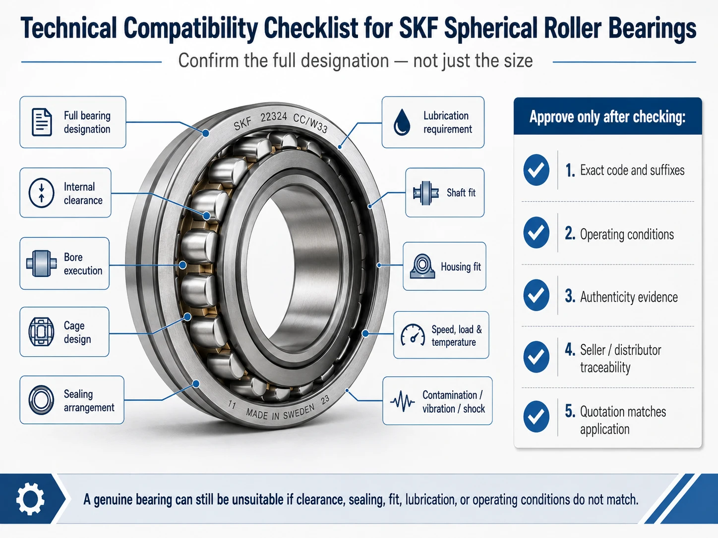 Technical compatibility checklist for SKF spherical roller bearings covering clearance, bore, cage, sealing, lubrication, shaft and housing fits, and operating conditions